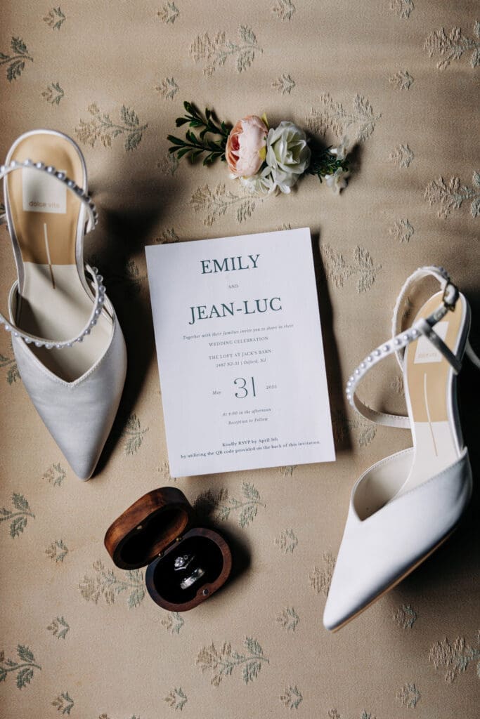 Wedding day flat lay of details.