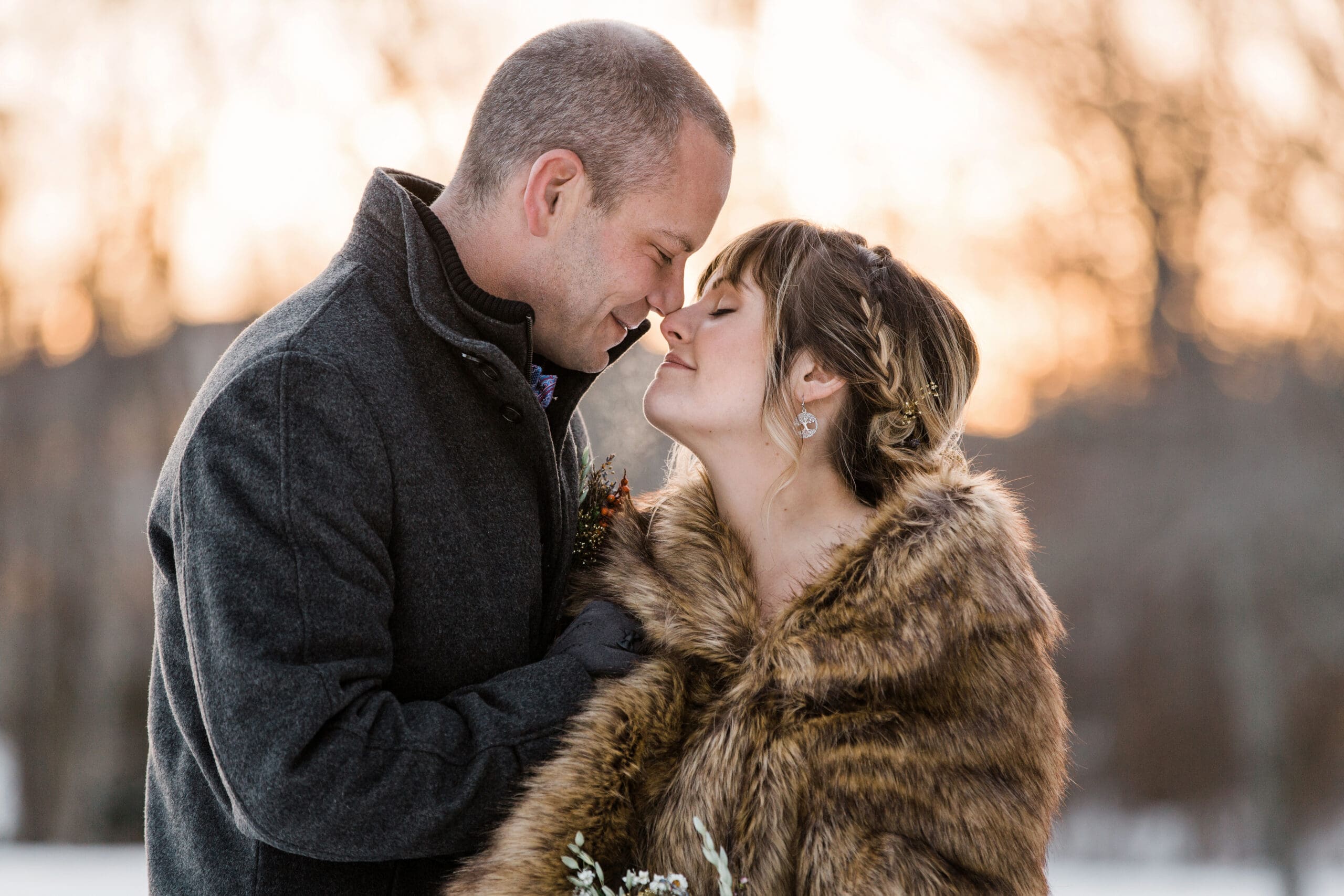 Bride and Groom sharing a romantic moment outdoors during a New Jersey wedding at sunset.