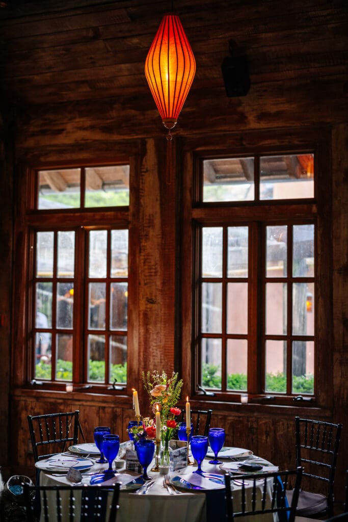Reception table set inside the Pavilion at Rat's Restaurant for a vow renewal in Hamilton Township, New Jersey.